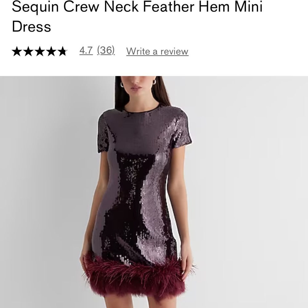 Express Sequin Crew Neck Feather Hem Mini Dress